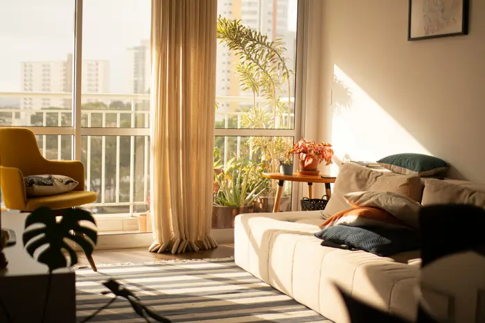Sunlit living room with a sofa and floor-to-ceiling windows